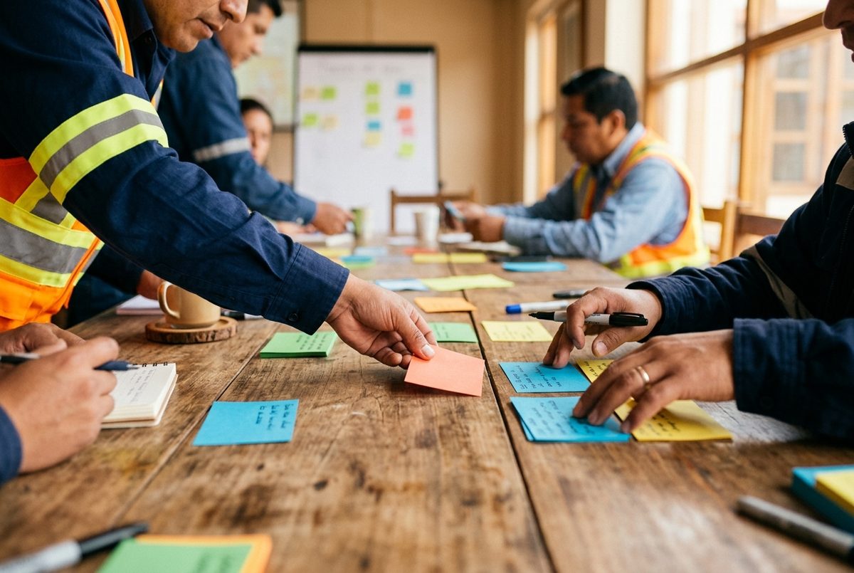 Manos de participantes ordenando tarjetas de colores sobre una mesa durante una dinámica