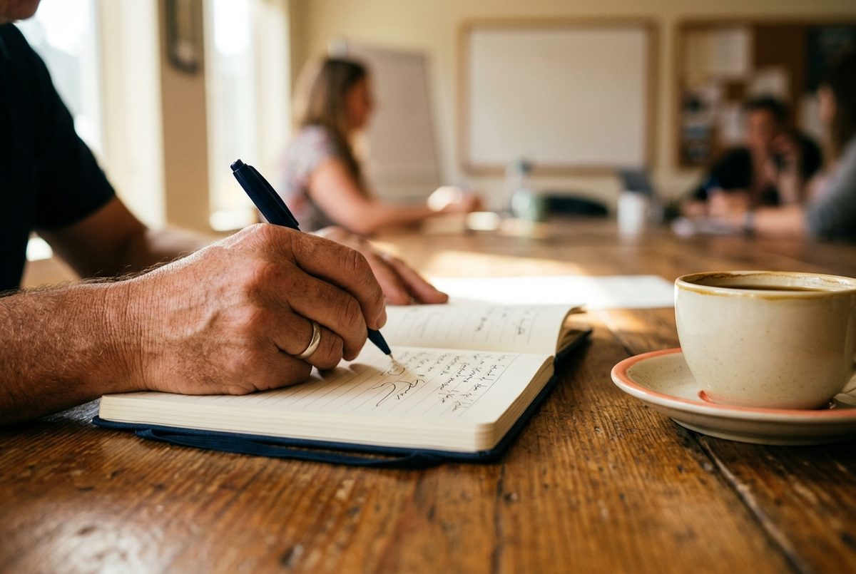 Primer plano de unas manos escribiendo en una libreta abierta junto a una taza de café